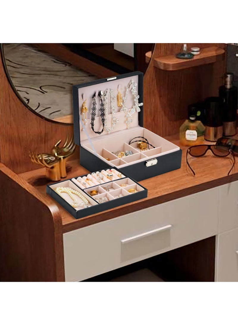 علبة مجوهرات كبيرة السعة قطعة واحدة مع قفل لتخزين القلائد والخواتم والأقراط والإكسسوارات الأخرى – أسود - Image 5